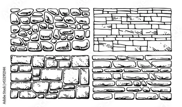 Fototapeta Set of walls. Masonry in construction of houses and fences. Natural building material. Hand drawn outline sketch. Isolated on white background. Vector.