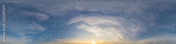 Fototapeta Bright sunset sky panorama with Cirrus clouds. Hdr seamless spherical equirectangular 360 panorama. Sky dome or zenith for 3D visualization, game and sky replacement for aerial drone 360 panoramas.