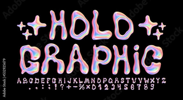 Obraz Liqud holo font. Iridescent alphabet, holographic numbers and melted letters 3D vector set
