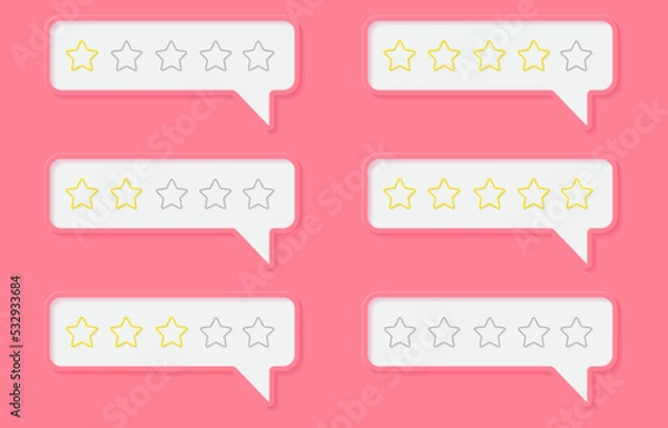 Obraz Pink bubble with gold stars. Volumetric rating of satisfied customers. Best survey among users with appraisal. Comments of buyers for services in market. Realistic isolated vector