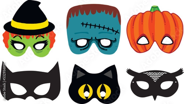 Obraz Halloween mask set: bat, cat, pumpkin, owl, witch