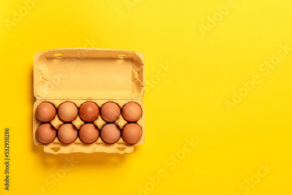 Fototapeta Ten chicken eggs in cardboard package isolated on yellow background. Top view, copy space. Big size XL. Concept of business card grocery store. Fresh eco farm product. Healthy organic food. Banner