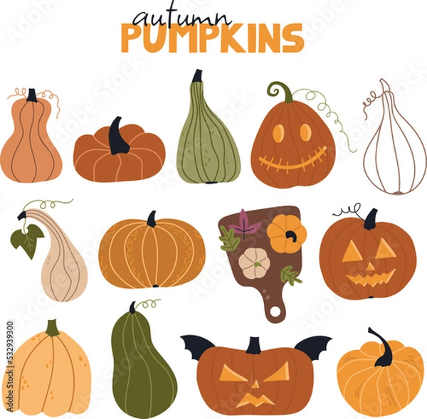 Fototapeta Set of stickers with autumn pumpkins. Vector warm and cozy hygge collection of autumn stickers and illustrations in cartoon style.