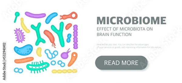 Obraz Microbiome website landing page template, newsletter, advertising, label, presentation. Vector background with bacteria.
