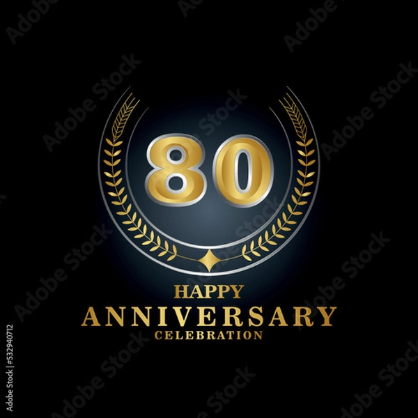 Fototapeta Template emblem 80th years old luxurious anniversary with a frame in the form of laurel branches and the number 80. 80 years anniversary royal logo. Vector illustration Design
