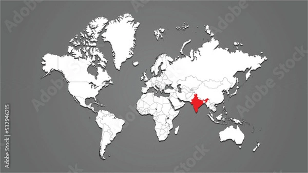 Fototapeta india highlight in red color on world map with other countries border vector