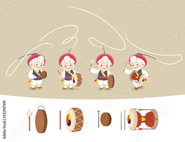 Fototapeta Korean traditional musical instrument, dance samulnori, pungmul, performer character, design set