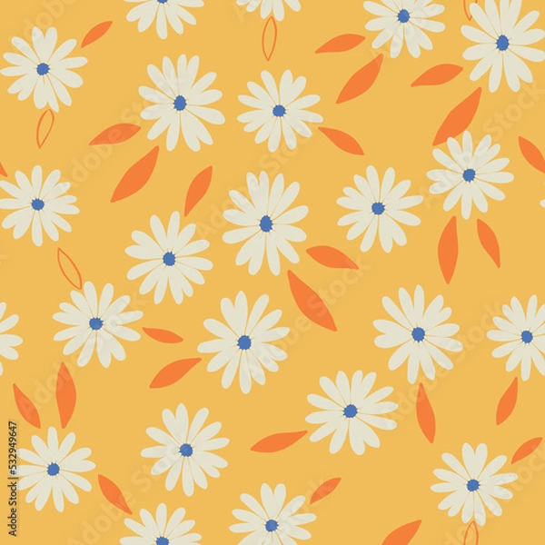 Fototapeta Delicate Floral Seamless Pattern. Botanical Simple White Chamomile on yellow Background. Daisy Vector Illustration 