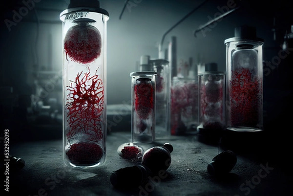 Obraz Horrible genetic laboratory of monsters, mutants. Horror background. 
