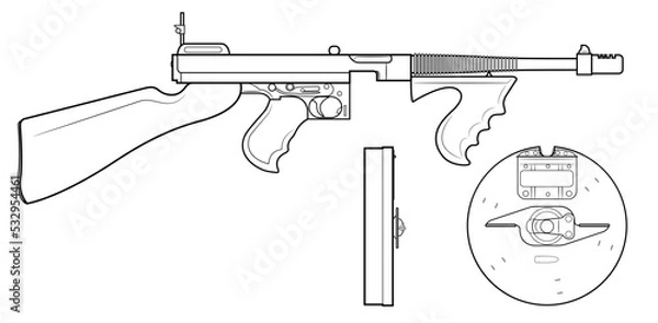 Fototapeta Vector illustration of the Thompson M1921 submachine gun with round magazine and front foregrip on the white background.