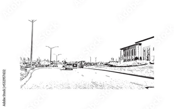 Fototapeta Building view with landmark of Overland Park is the 
city in Kansas. Hand drawn sketch illustration in vector.