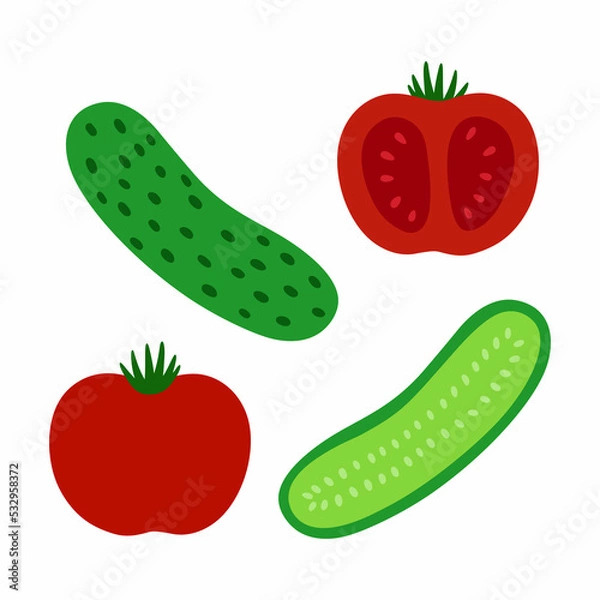 Fototapeta A set of whole and half vegetables for salad -cucumber and tomato.