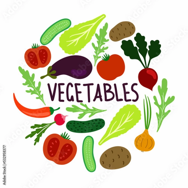 Fototapeta A set of vegetables for a salad with the inscription -eggplant, tomato,cucumber, onion, lettuce.