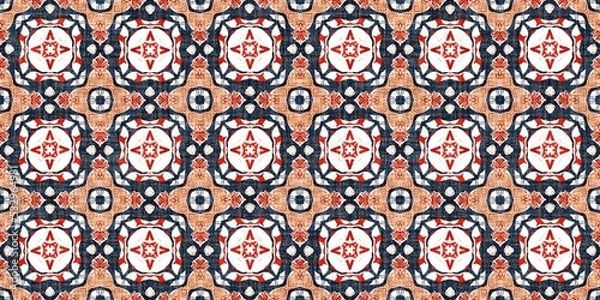 Fototapeta Retro blue red pattern clash geometric bandana border. Masculine fashion edging trim banner with nantucket style decorative design. Endless repeatable tape