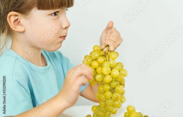 Obraz Cute little girl eating green grapes sitting at a table on a white background.A lovely four-year-old girl in a blue T-shirt holds a bunch of yellow grapes in her hands.A Child Eats Grapes From A Bowl