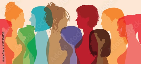 Fototapeta The concept of racial equality. Sharing, talking, and allies between women. Female community or social network. Group of diverse and multicultural women.