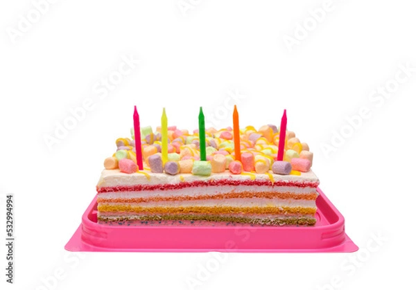 Obraz birthday cake with candles
multi-colored rainbow cake in a transparent box with a red bow. Celebration cake with five candles isolated on white background.