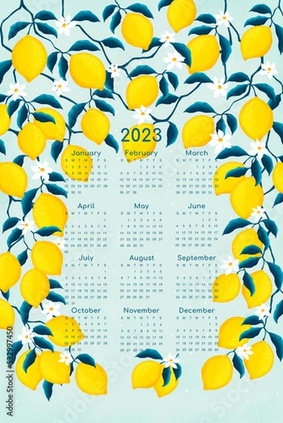 Fototapeta Calendar 2023 with lemons, lemon branches and flowers. For tea towel, poster, card for 2023. 1/4 yard	
