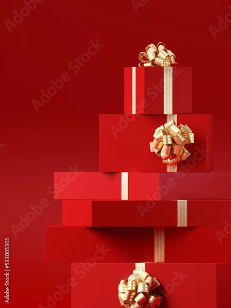 Obraz Minimal product background for Christmas, New year and sale event concept. Red gift box with golden ribbon bow on red background. 3d render illustration. Clipping path of each element included.