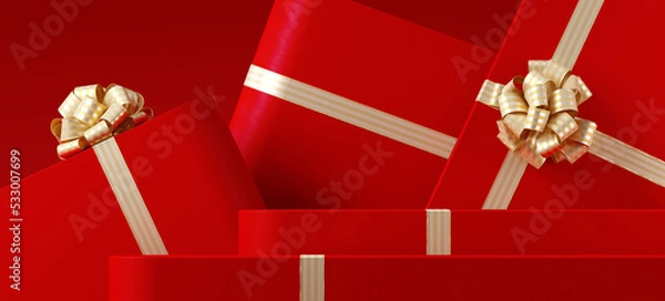 Fototapeta Minimal product background for Christmas, New year and sale event concept. Red gift box with golden ribbon bow on red background. 3d render illustration. Clipping path of each element included.