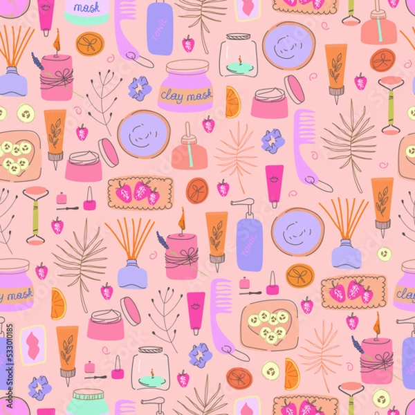 Obraz  Vintage line art collection with doodle pattern cosmetics for wallpaper design.