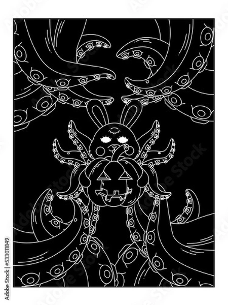 Obraz Psychedelic Halloween poster. A bunny with octopus tentacles holds a pumpkin. Surrealism. Contour.