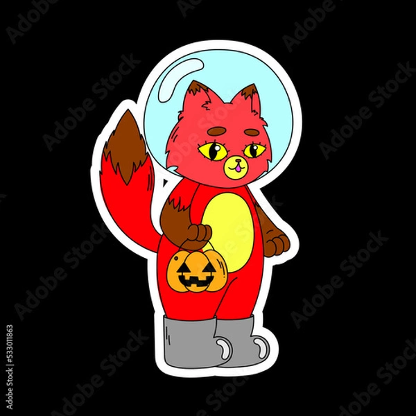 Obraz A sticker with a fox in a helmet from a spacesuit holds a basket in the form of a pumpkin. Halloween.
