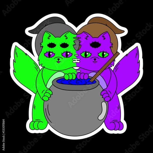Obraz Siamese twin kittens brew a potion in witch hats.