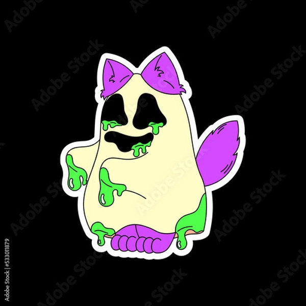 Obraz Sticker of a cat in a ghost costume. Psychedelic, surrealism, Halloween.