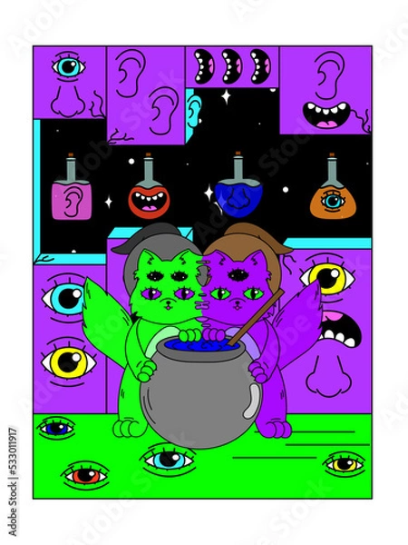 Fototapeta Psychedelic Halloween poster. Siamese twin kittens brew a potion in witch hats. Surrealism.