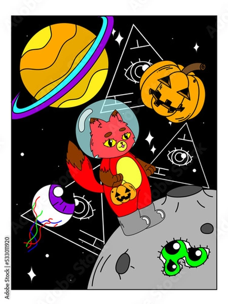 Obraz Psychedelic Halloween poster. A fox in a spacesuit on the moon, a basket in the form of a pumpkin, space, madness, surrealism, triangles with an eye.