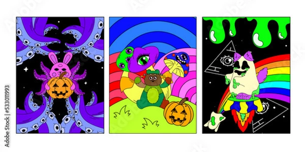 Obraz A set of psychedelic posters. Space, mushrooms, monsters, strange animals, an eye in a triangle. Surrealism.