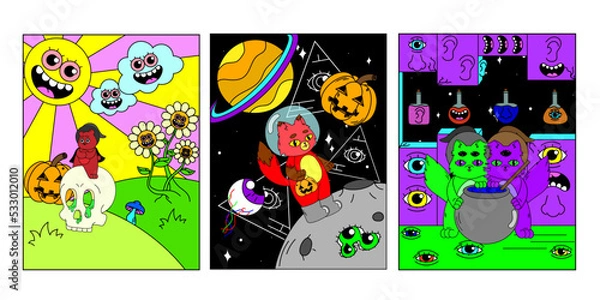 Obraz A set of psychedelic posters. Space, mushrooms, monsters, strange animals, an eye in a triangle. Surrealism.