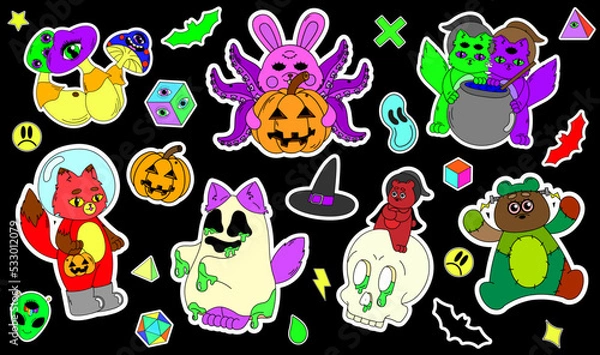 Obraz A set of psychedelic Halloween stickers. A bunny with tentacles, a fox in a spacesuit, green goo, a Frankenstein bear. Surrealism.