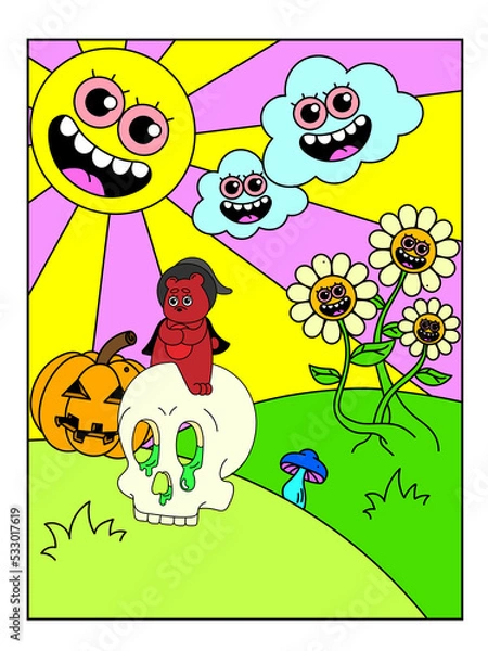 Obraz Psychedelic Halloween poster. The sun is with a face, the clouds are laughing, the bear is sitting on the skull in a witch's hat. Surrealism.