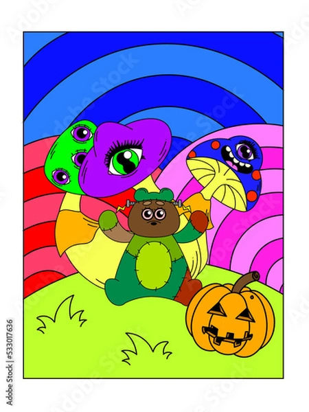 Obraz Psychedelic poster with a Frankenstein bear. Mushrooms with eyes, jack's lantern, madness, surrealism.