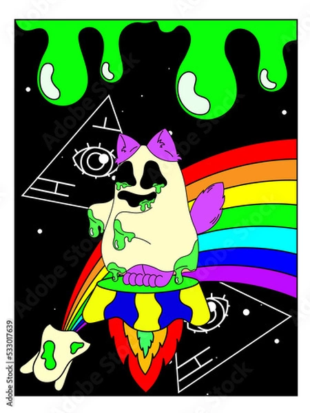 Obraz Psychedelic Halloween poster. A cat in a ghost costume, an eye in a triangle, a rainbow, green goo, space, surrealism.