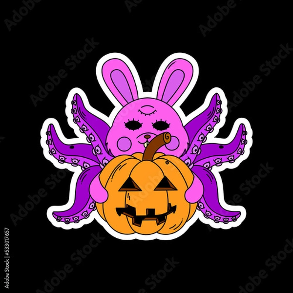 Obraz A bunny with octopus tentacles holds a pumpkin. Surrealism.