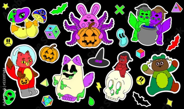 Obraz A set of psychedelic Halloween stickers. A bunny with tentacles, a fox in a spacesuit, green goo, a Frankenstein bear. Surrealism.