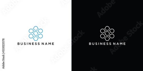 Fototapeta Abstract letter S logo with dot concept. Universal biotechnology molecule atom DNA chip symbol. This logo is suitable for research, science, medical, logotype, technology, lab, molecule.