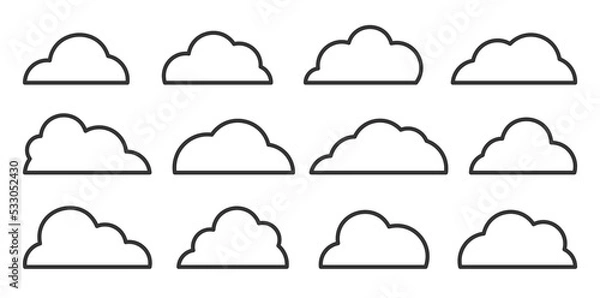 Obraz Clouds black thin line icon set. Outline database, network, internet cloud storage sign. Different shapes abstract fluffy linear weather forecast symbol. Speech bubble logo, web banner design template