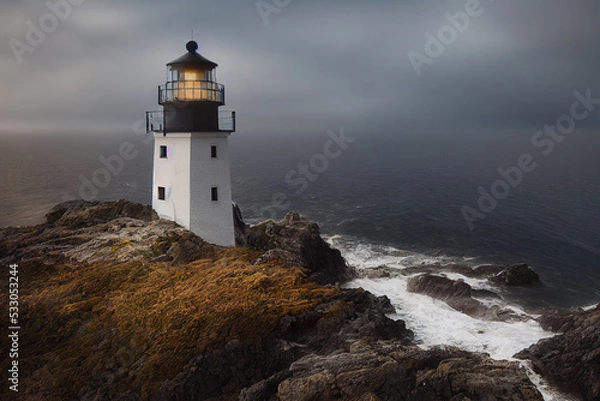 Fototapeta Lighthouse standing on a cliff next to the ocean, beautiful landscape background, 3d render, 3d illustration