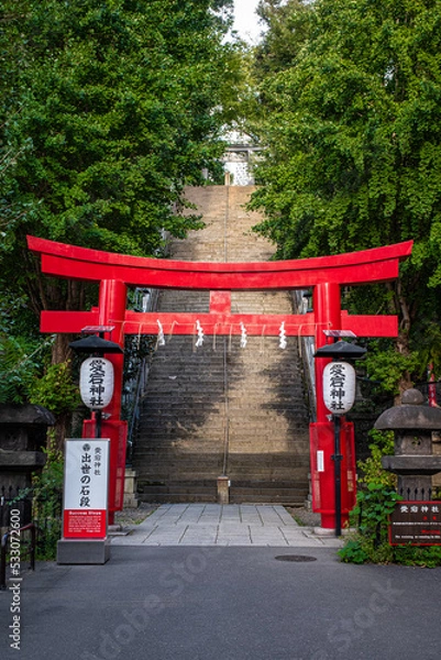 Fototapeta red torii gate of a japanese shrine in front of stairs