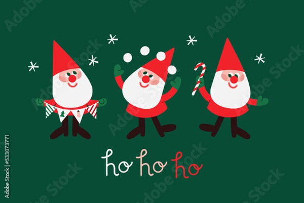 Fototapeta Set of vector Santas with garland, snowballs and candy cane. 
New Year card with three gnomes in red hats. Handwritten lettering Ho ho ho. Christmas greeting postcard in red and green colors.