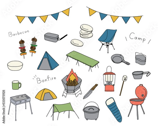 Obraz キャンプ用品のイラストセット