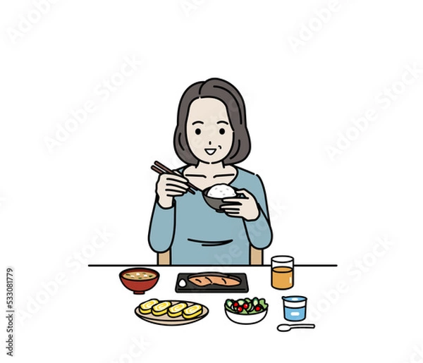 Fototapeta 食生活　朝食を食べる　中年の女性　ミドル　健康的な食事　自炊　イラスト