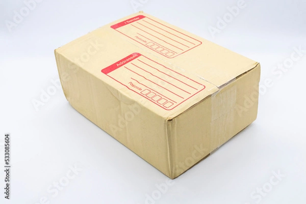 Obraz box parcel post product for send arrangement flat lay style on background white 