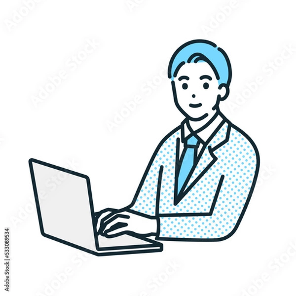 Fototapeta パソコンを操作するビジネスマン。仕事をする男性のベクターイラスト素材。