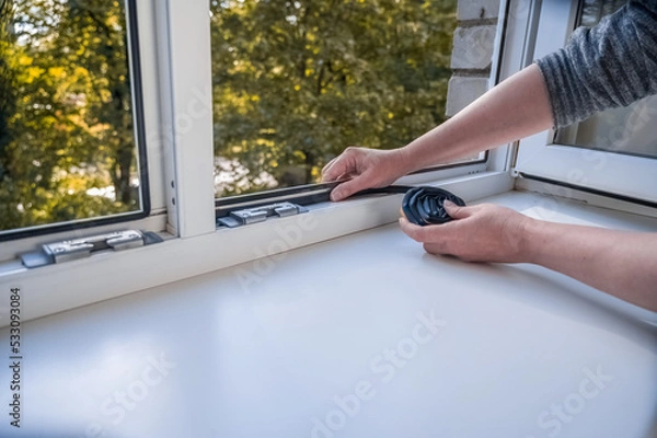 Obraz Preparing for the cold season. A woman sticks a dark rubber sealing tape on a window indoors.