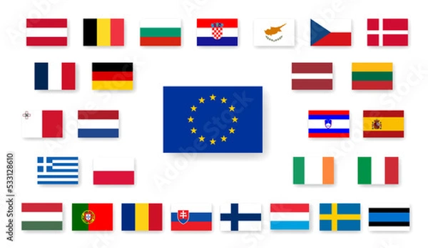 Obraz All Europe Flags round rectangle flat buttons isolated on white